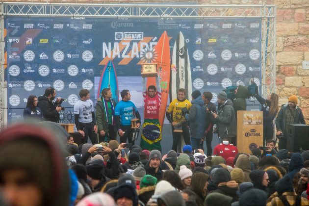 Pódio, Nazaré Challenge 2018, Praia do Norte, Portugal. Foto: WSL / Masurel.