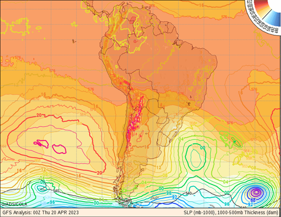 Carta análise GSF para 20 de Abril mostrando como foi a zona de geração. Onde vemos que teve um ciclone lá pelos 45°S 45°W.