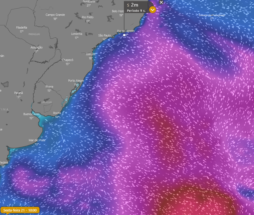 No litoral Sul e Sudeste, bom com ondas de SE na faixa de 1m e 10-9s, no litoral do Rio de Janeiro e de São Paulo. Alguns locais com 1,5, talvez, isso porque ainda tem um swell de fundo na faixa de 14s contribuindo com um pouco de energia.