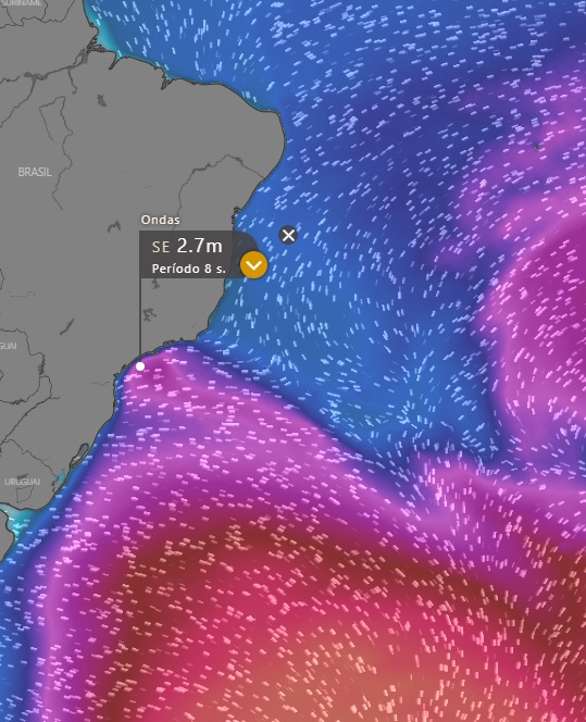 Previsão para Região Sudeste é de ondulação de leste/sudeste até sábado (27), virando para sul no domingo (28). A energia das ondas sobe segunda-feira (29) e se mantém durante toda a semana.