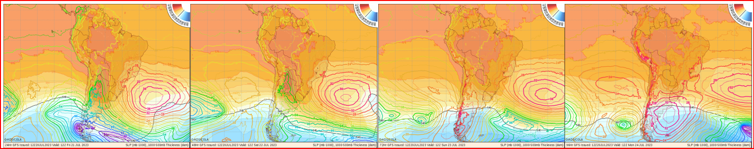 Mapas de pressão atmosférica em superfície para sexta, sábado, domingo e segunda mostram o Anticiclone Subtropical do Atlântico Sul (ASAS) se mantendo na região sul e sudeste do Brasil. Vai gerar uma ondulação de sudeste/leste para a região norte do Rio de Janeiro até o Sul da Bahia, e uma ondulação de leste/nordestes para a região sul (Fonte CODA).