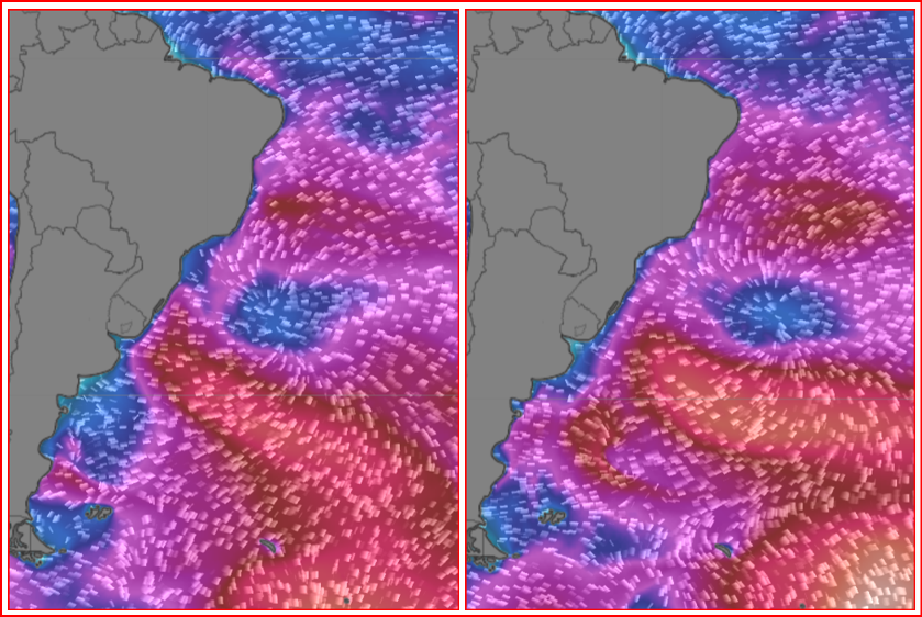 Lestada provocada pelo Anticiclone Subtropical do Atlântico Sul gera uma ondulação que vai influenciar desde o sul até o nordeste do Brasil. Figuras para sábado e domingo mostram o centro do ASAS na região sudeste, ondas com componente de nordeste na região Sul e componente de Sudeste na região Nordeste (windy.com)