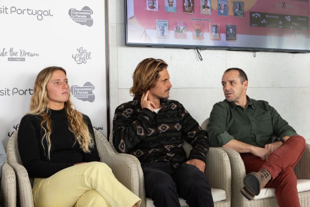 Francisca Veselko, Nic von Rupp e Tiago Pires, Conferência de Imprensa, Capítulo Perfeito 2024, Portugal. Foto: Divulgação.