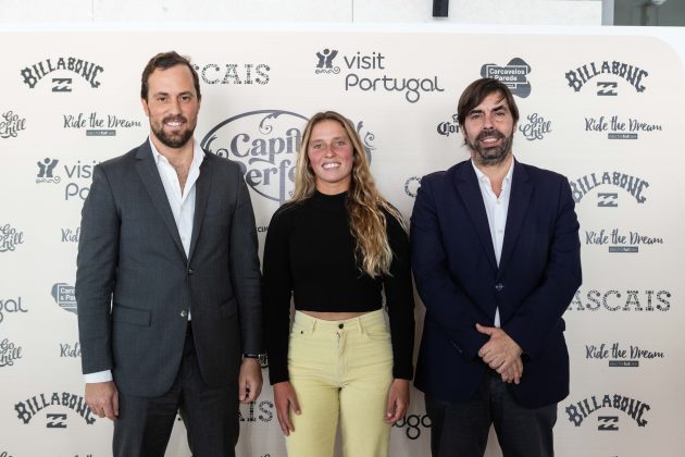 Francisco Kreye (Vereador do Desporto da Câmara de Cascais), Francisca veselko, Nuno Alves (Presidente da União de Freguesias Carcavelos Parede, Conferência de Imprensa, Capítulo Perfeito 2024, Portugal. Foto: Divulgação.