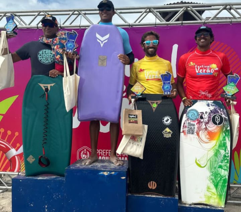 Pódio Master Masculino, Circuito Bodyboarding Classic 2023, Praia da Vila, Saquarema (RJ). Foto: Divulgação.