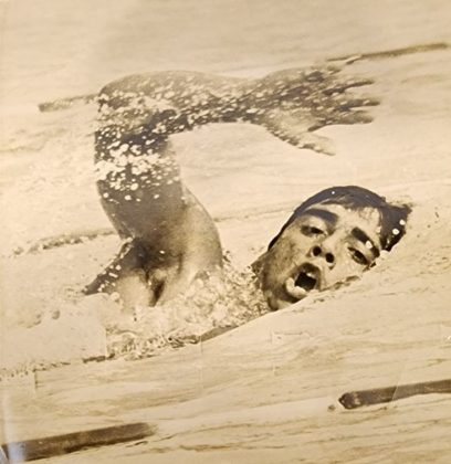 Tuko Mariani, Competição de natação, Canal do Estuário de Santos Guarujá (SP). Foto: Arquivo pessoal.