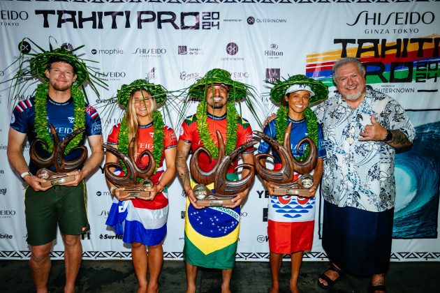 John John Florence, Brisa Hennessy, Italo Ferreira e Vahine Fierro, Tahiti Pro 2024, Teahupoo. Foto: WSL / Matt Dunbar.