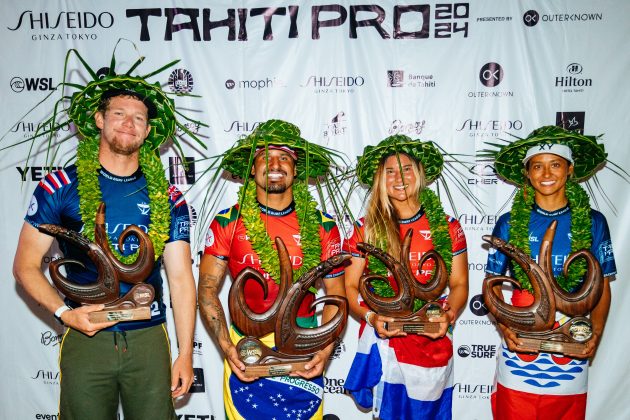 John John Florence, Italo Ferreira, Brisa Hennessy e Vahine Fierro, Tahiti Pro 2024, Teahupoo. Foto: WSL / Matt Dunbar.