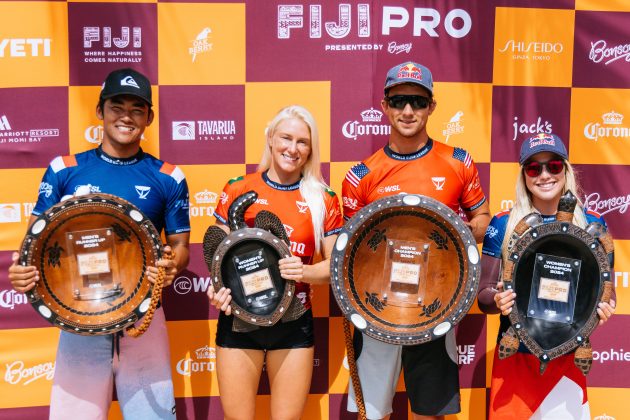 Rio Waida, Tatiana Weston-Webb, Griffin Colapinto e Erin Brooks e, Fiji Pro 2024, Cloudbreak, Tavarua. Foto: WSL / Matt Dunbar.