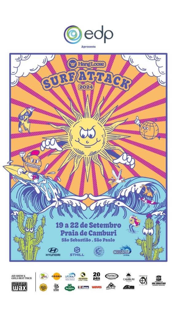 Cartaz oficial do Hang Loose Surf Attack 2024, Praia de Camburi, São Sebastião (SP).