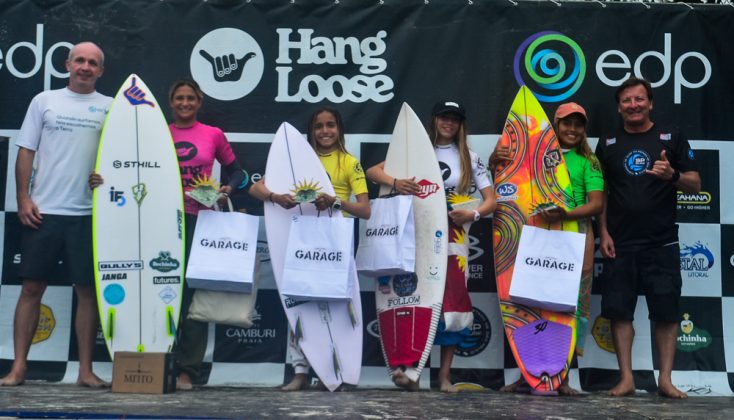 Pódio Sub14 Feminino, Hang Loose Surf Attack, Praia de Camburi, São Sebastião (SP). Foto: Erik Medalha.