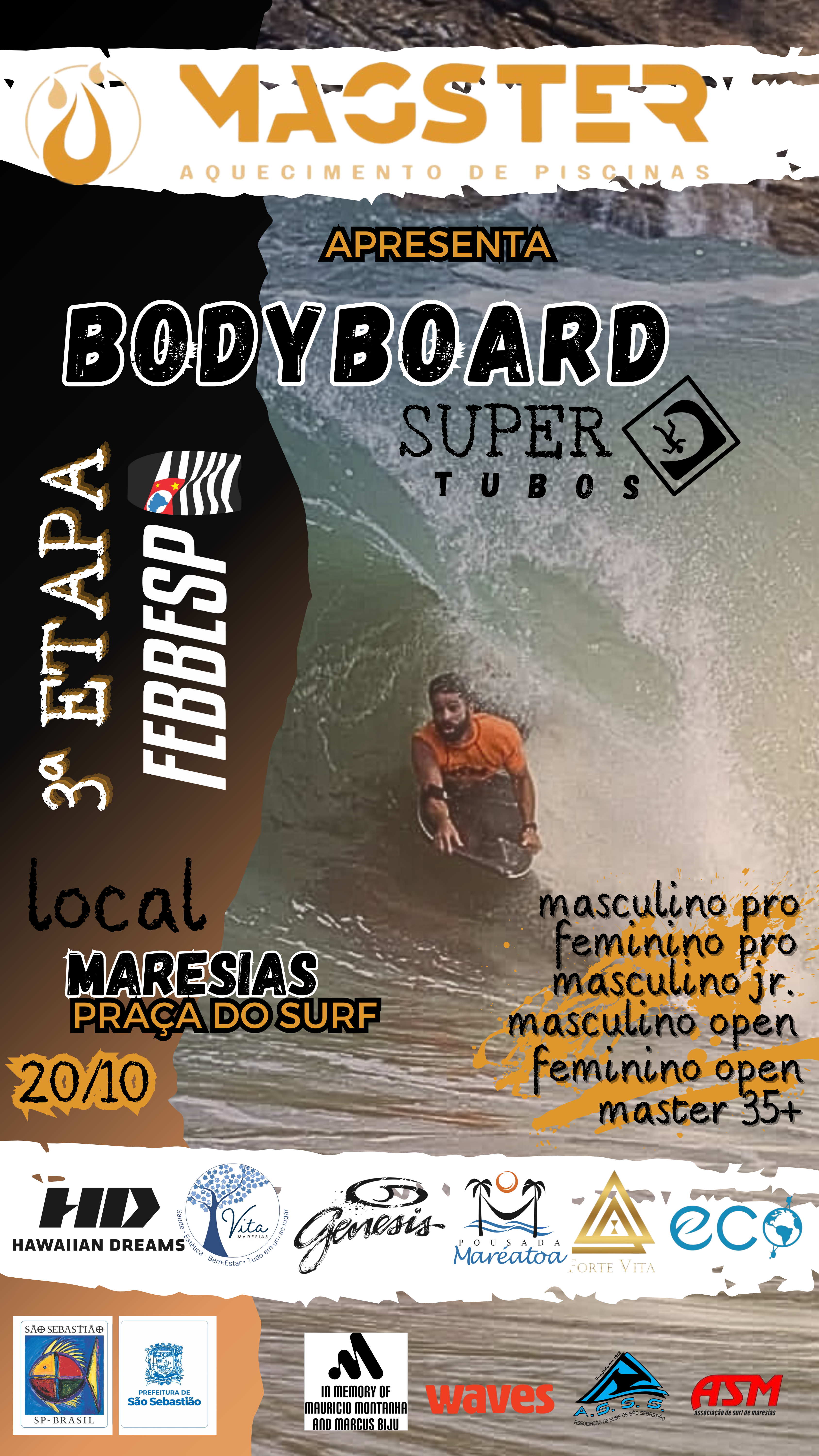 Cartaz oficial do Bodyboard Super Tubos, Maresias, São Sebastião (SP).