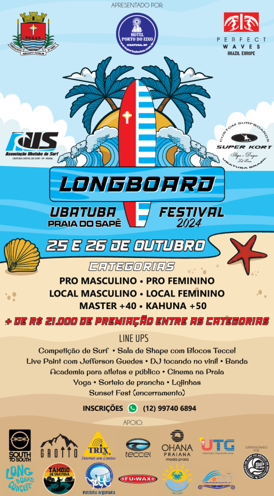 Cartaz oficial do longboard Ubatuba Festival, Praia do Sapê (SP).