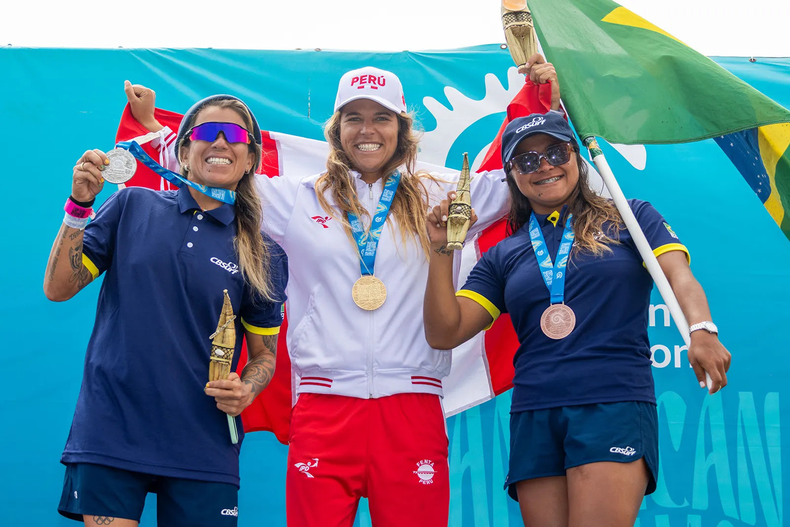 Pódio do Shortboard Feminino: Melanie Giunta, do Peru, conquistou o Ouro.