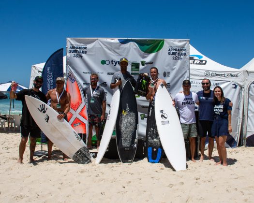 Pódio da categoria Grand Master, Arpex Finals, 2ª etapa do circuito Tyr Energia Arpoador Surf Club 2024. Foto: Federico Zambonini.