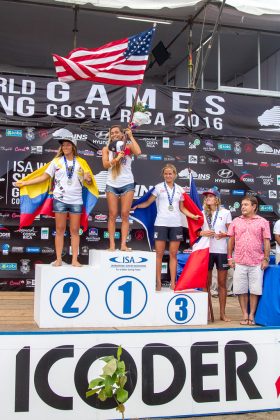 Pódio Feminino, INS ISA World Surfing Games 2016, Jacó, Costa Rica. Foto: ISA / Jimenez.